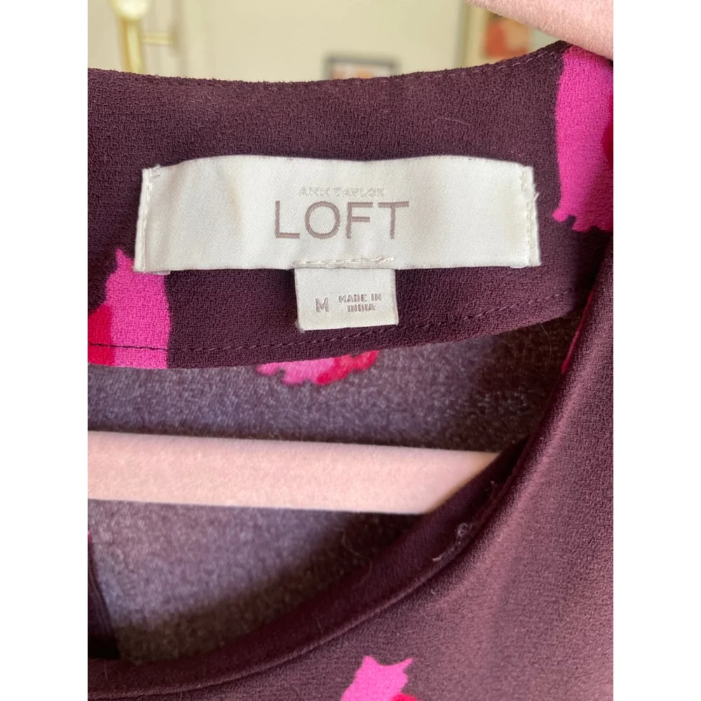 Loft Pink Cat Print Mini Dress Playful Feminine Burgundy Kitty Kitten Meow Boho